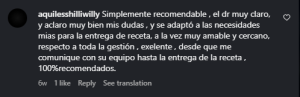 Comentario de paciente en Instagram sobre medicina cannábica