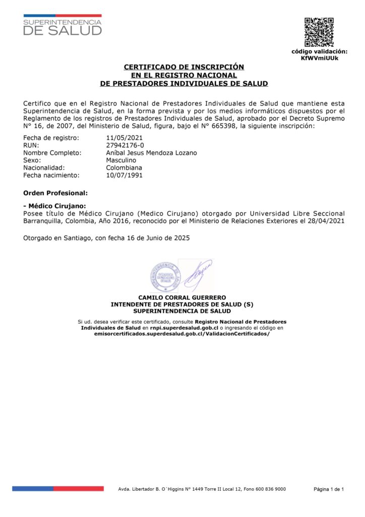 Certificado de inscripción del Dr. Aníbal Mendoza en el Registro Nacional de Prestadores Individuales de Salud de Chile