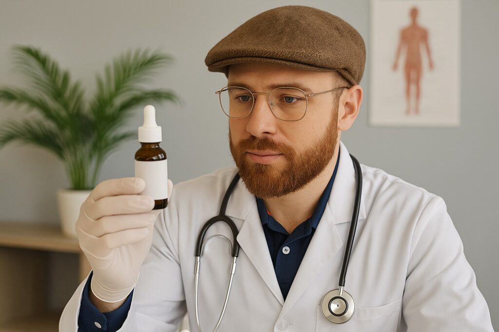 Doctor Aníbal Mendoza mostrando un producto de cannabis medicinal en Chile