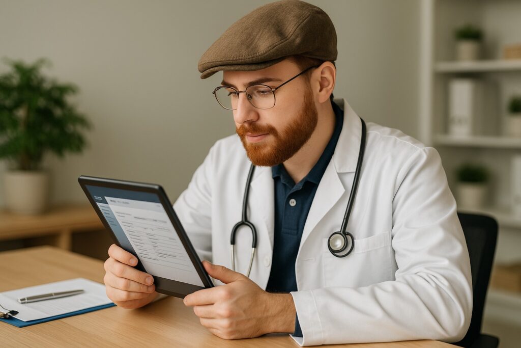 Doctor Aníbal Mendoza leyendo un documento sobre cannabis medicinal en Chile
